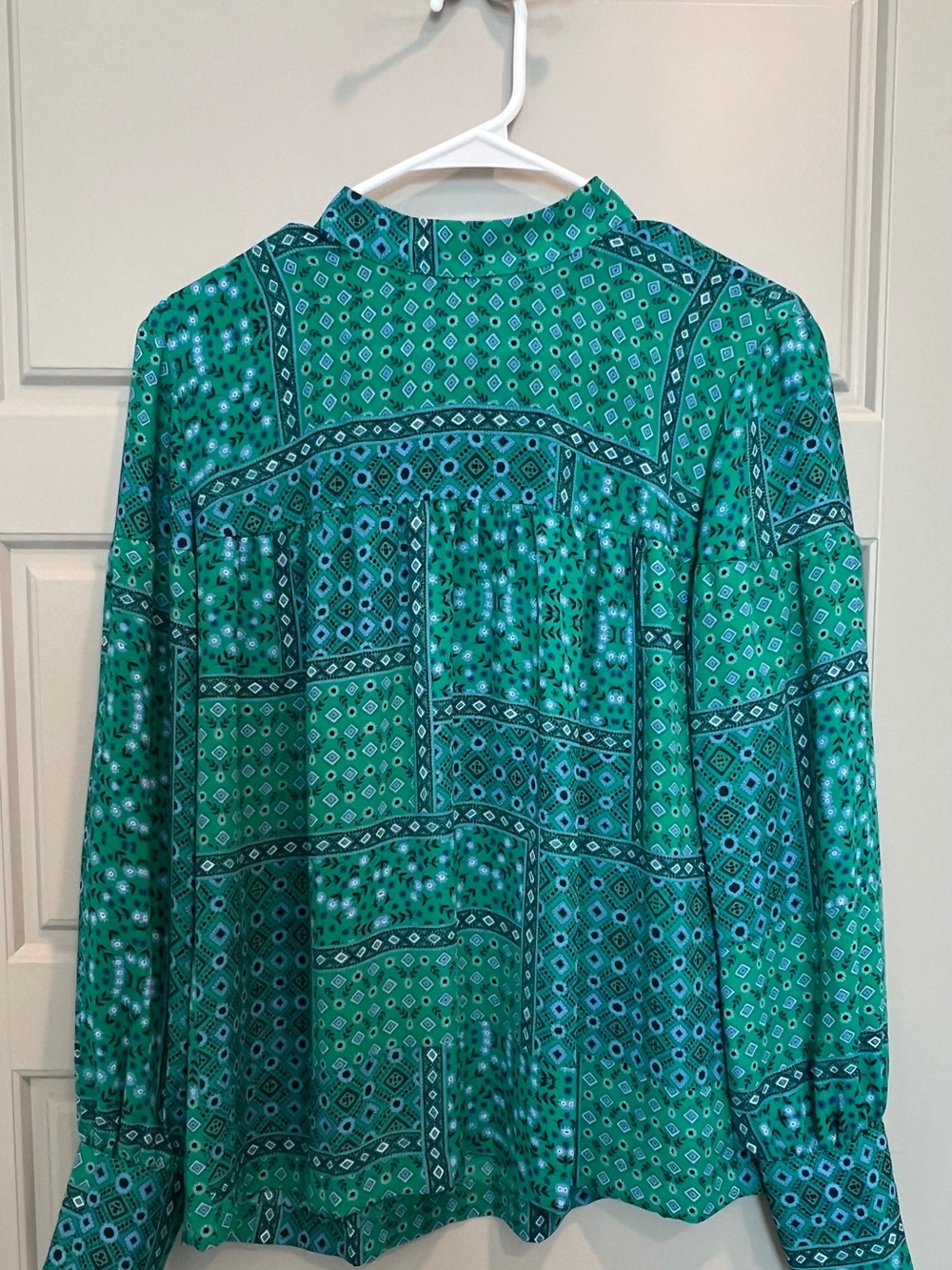 LOFT Blue & Green Patchwork Patterned Long-Sleeve Mock Neck Blouse